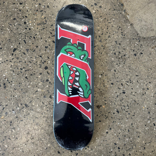 black deck with FOY in red text with a green gator in the center