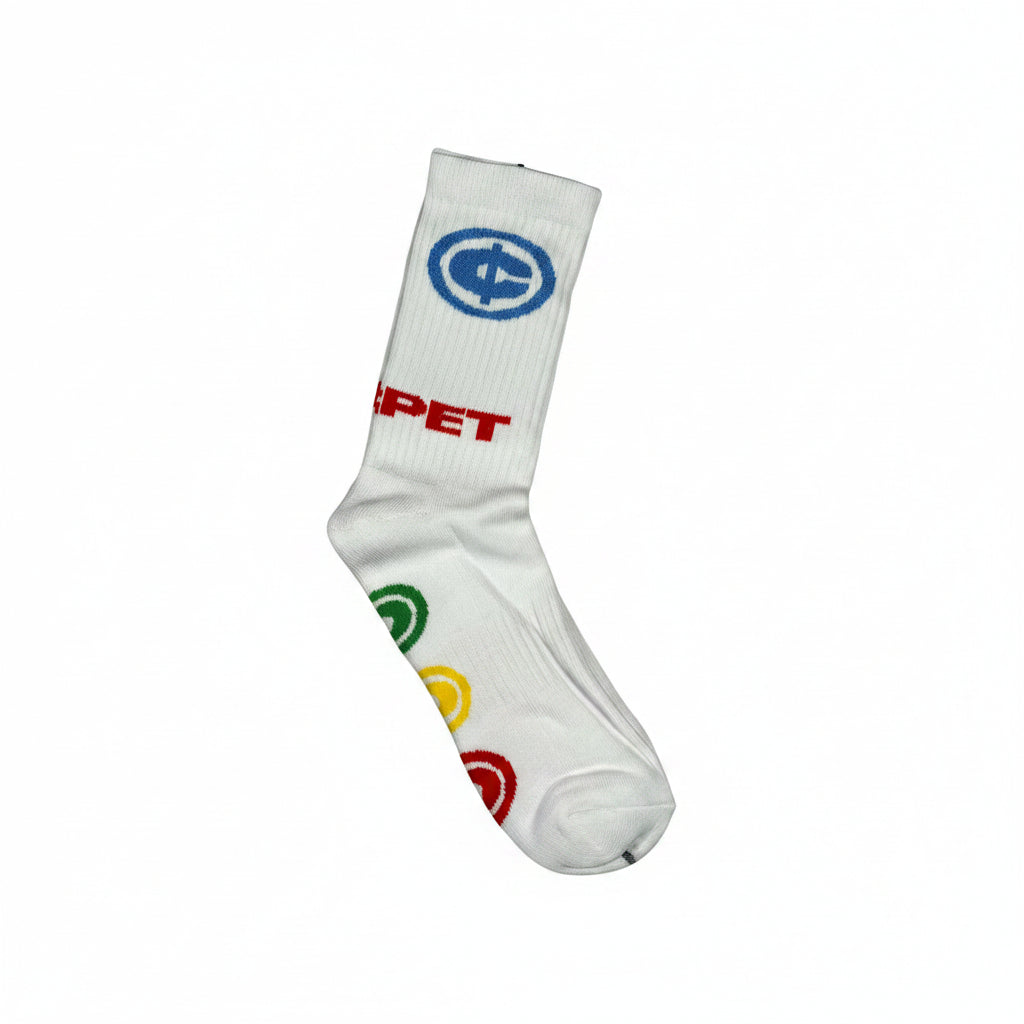 White sock with colorful logos on a white background