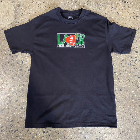 Green and red Labor apple logo printed in center chest of black t-shirt