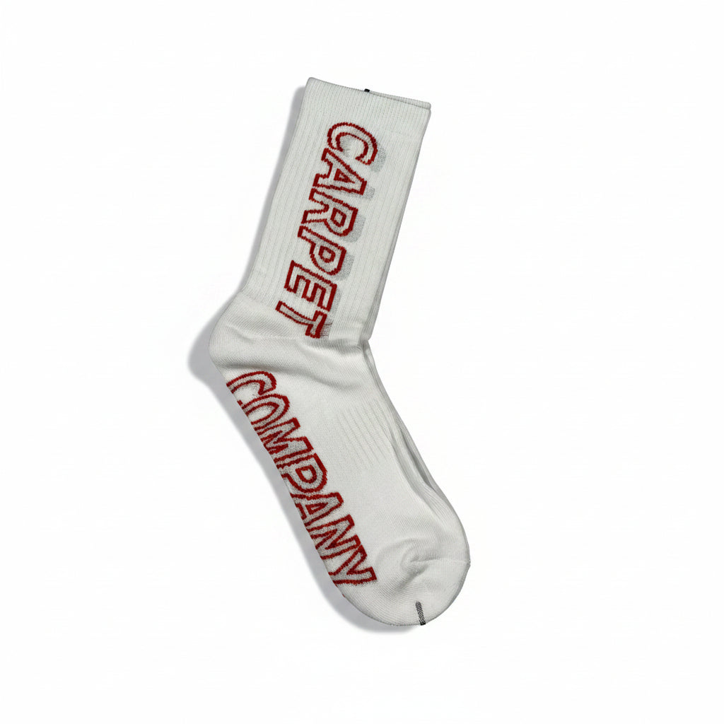 White sock with red text 'Carpet Company' on a white background