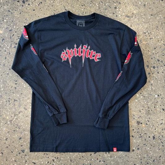black longsleeve t shirt with red spitfire text in the center and spitfire big head logos on sleeves