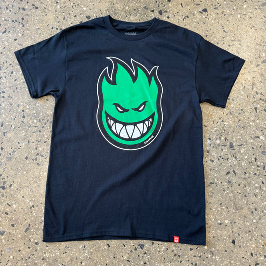 black t shirt with green spitfire logo in the center