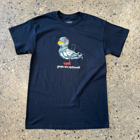black t shirt with multi colored pigeon in the center