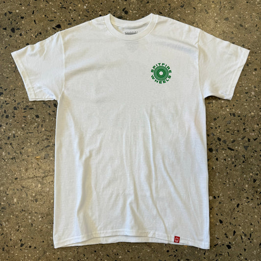white t shirt with small green spitfire swirl logo on the left part of the chest 