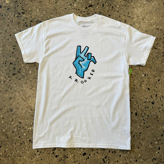 white t shirt with blue hand in the center