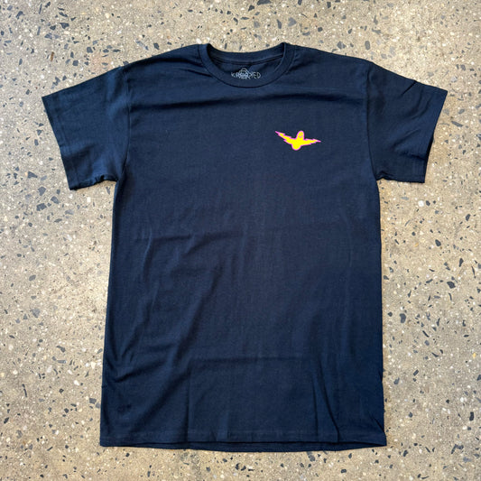black t shirt with small yellow bird on the left chest 