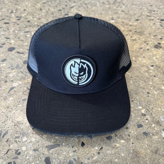 black trucker hat with white and black spitfire logo in the center
