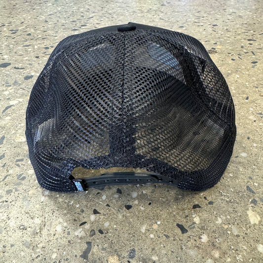 back view of black mesh hat with snap closure