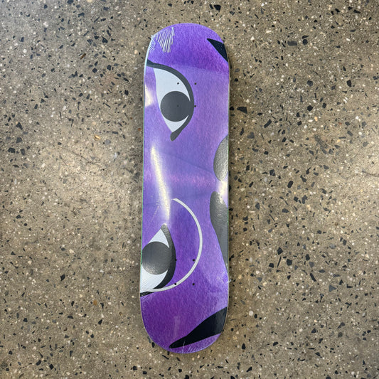 purple fuzz all over print deck with eyes in the center