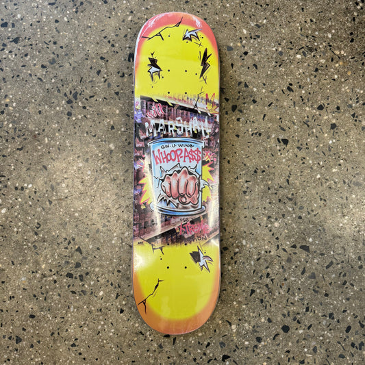yellow skateboard with multi colored image printed in the center