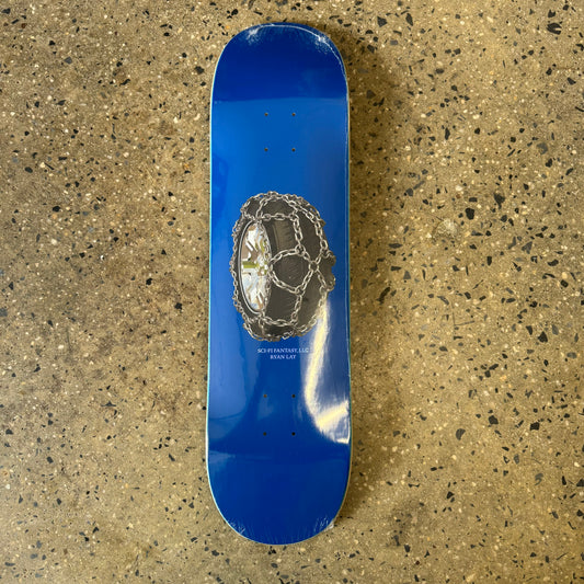 blue skateboard deck with a tire and chain in the center