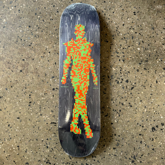 wood stained skateboard deck with glitched multi colored figure on the bottom