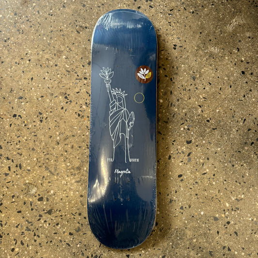 navy blue deck with white line illustration of the statue of liberty in the center