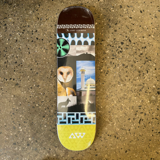 deck with brown nose and yellow tail with a collage of various images in the center