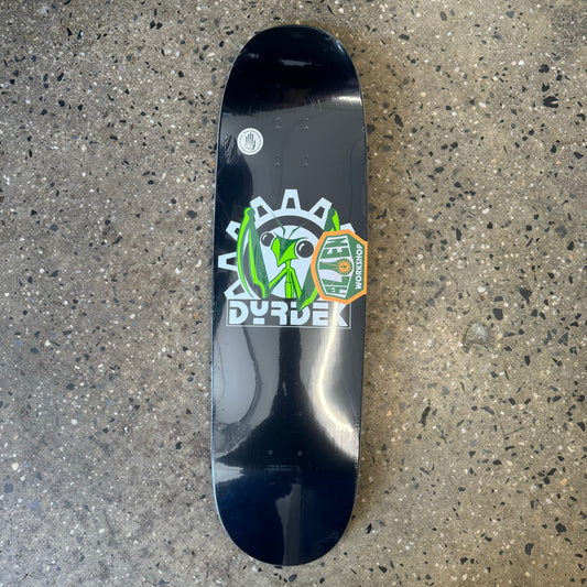 black deck with green praying mantis in the center