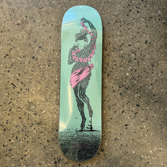 teal deck with female figure draped in pink flowers 