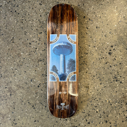 woodgrain deck with photo of tower in the center