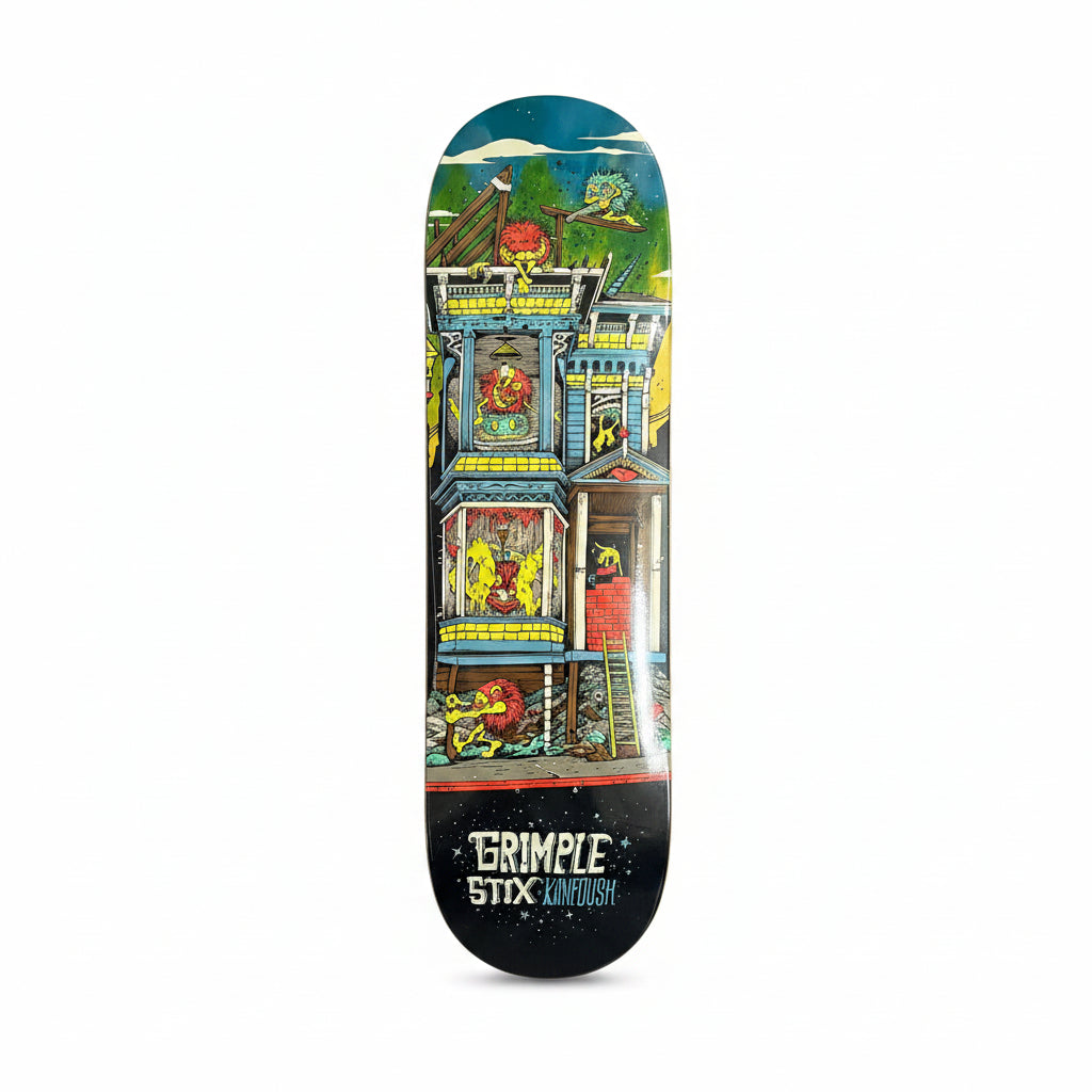 Grimple stix skateboard deck with wacky graphic