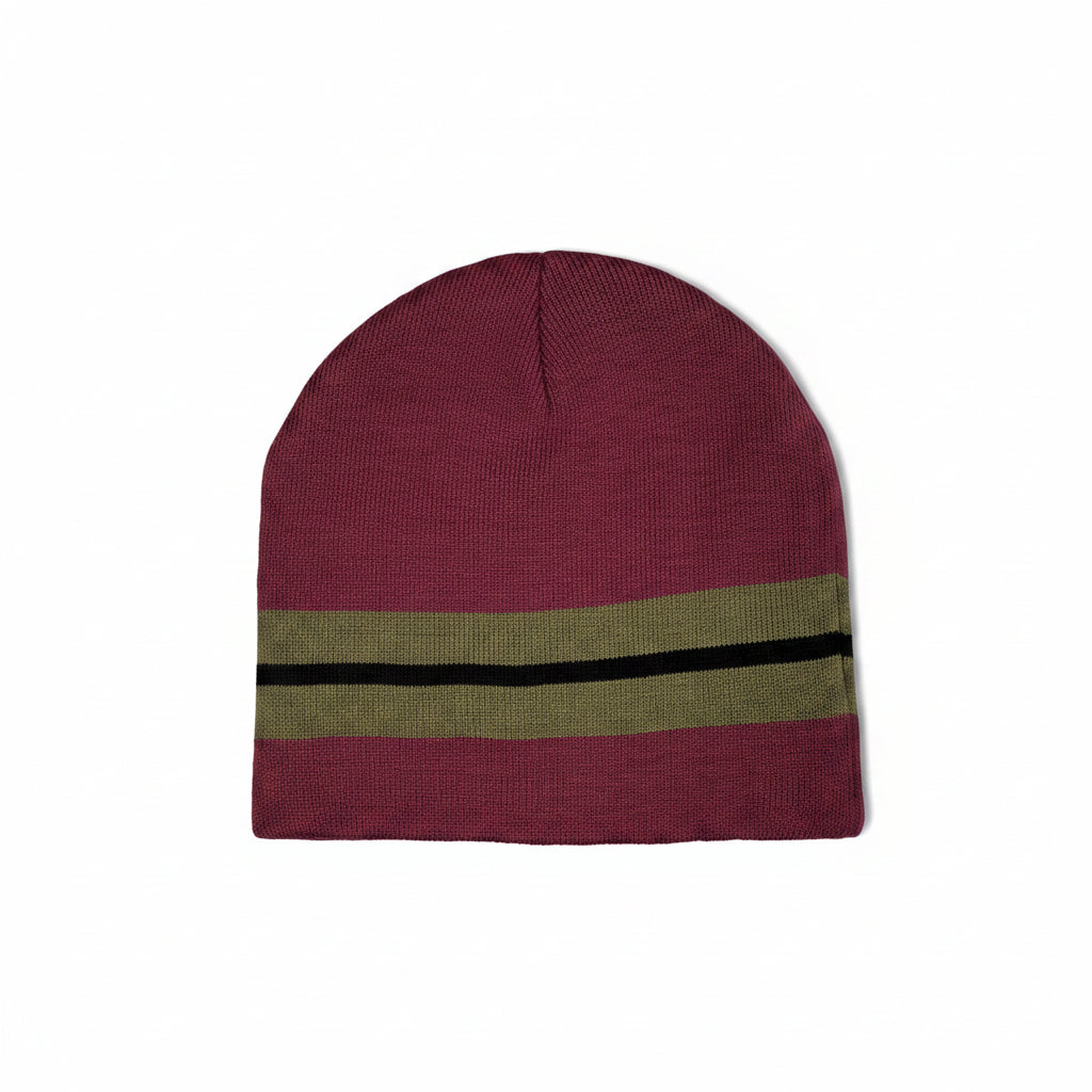 Maroon beanie with a beige and black stripe on a white background