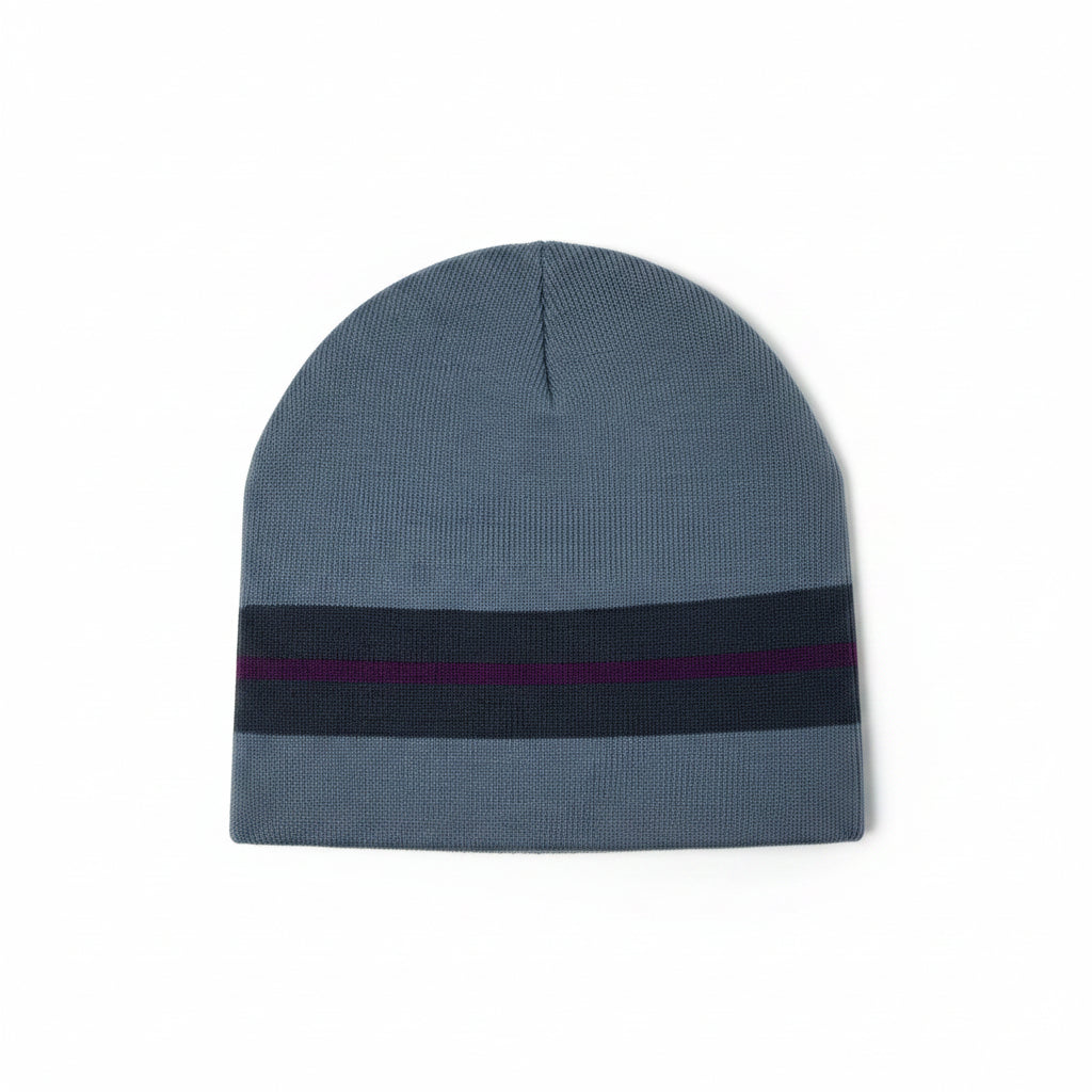 Blue beanie with a black stripe on a white background