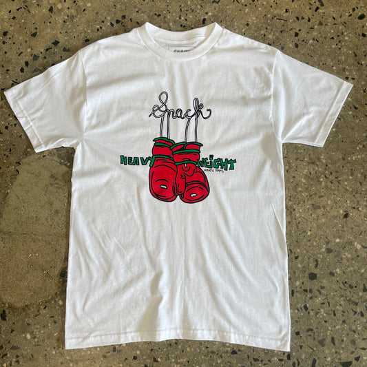 red boxing gloves on white T-shirt