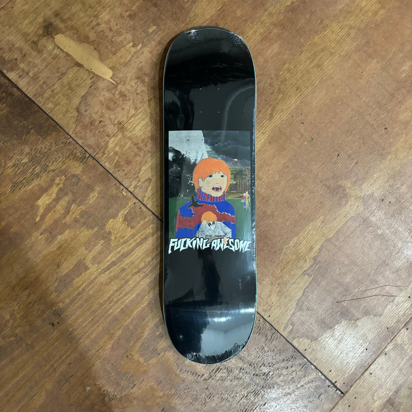 Abstract hand drawn style graphic of aidan on bottom of skateboard deck