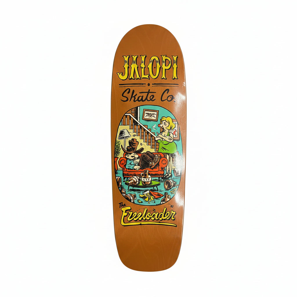 Skateboard deck with colorful graphics and text on a white surface