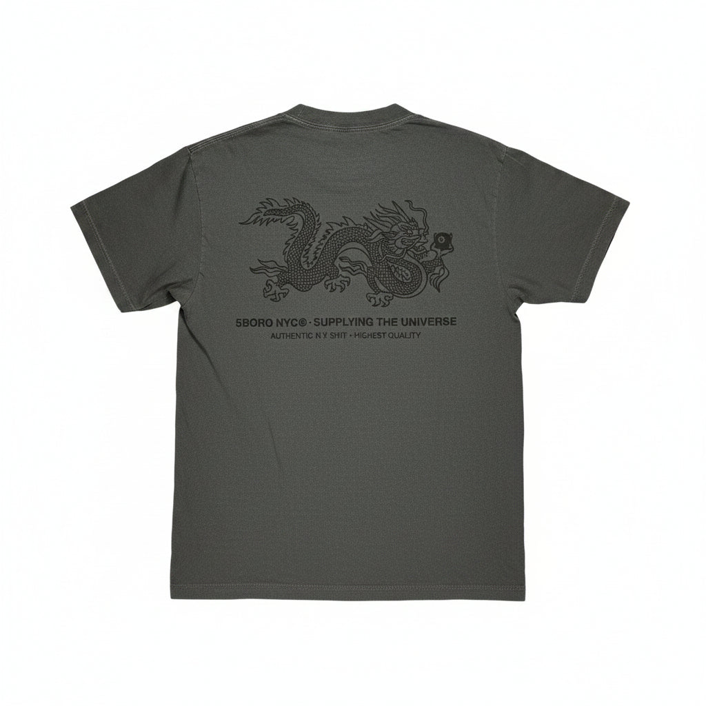 rear of faded black t-shirt with dragon graphic design on center of rear of t-shirt