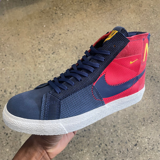 blue and red suede sneaker with white sole