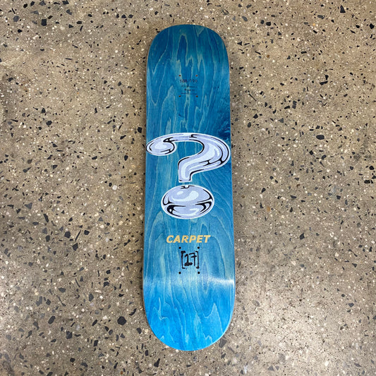 Grey question mark logo on blue woodgrain skate deck