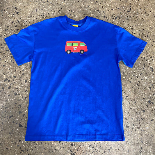 Red van logo printed center chest on royal blue t-shirt