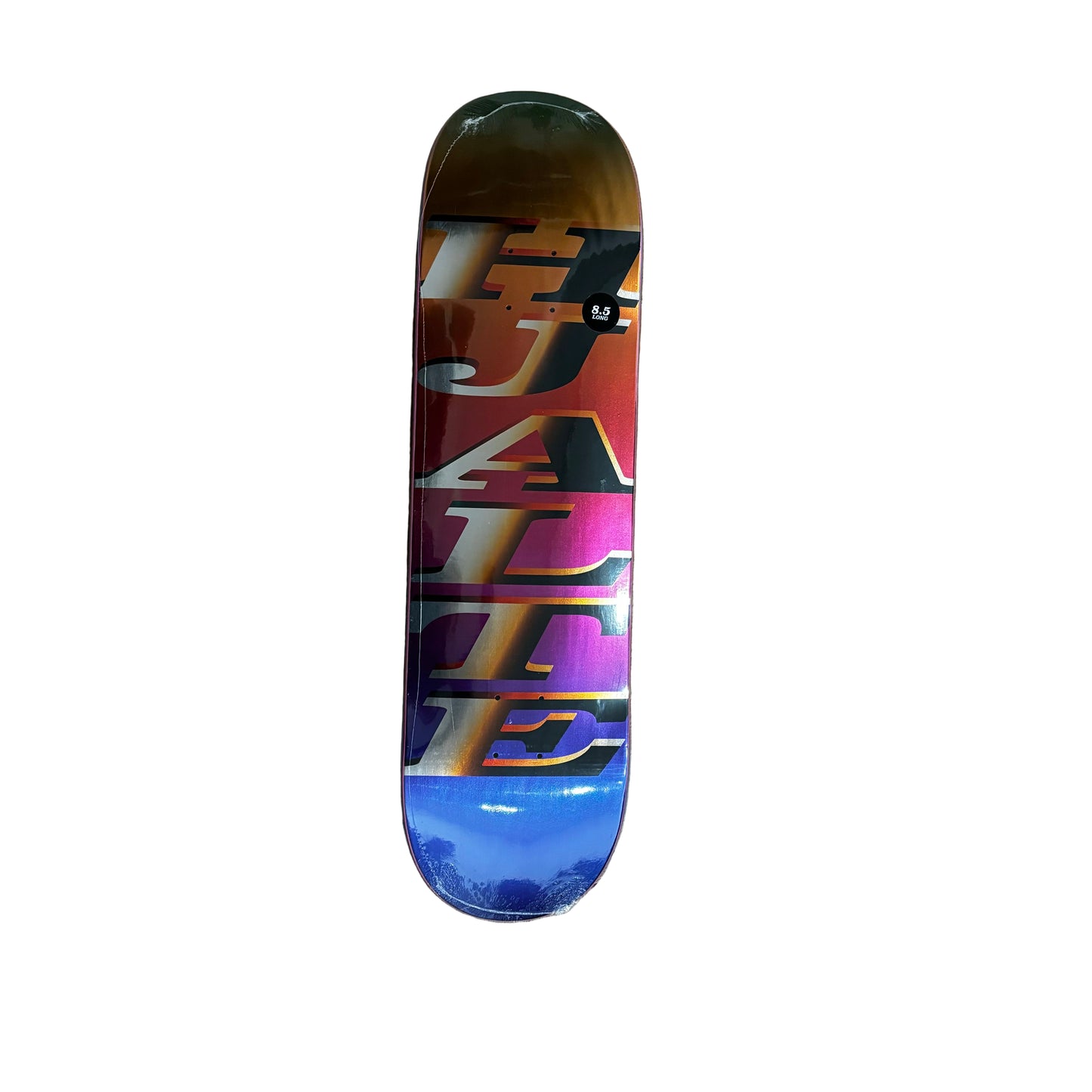 HJALTE printed vertically in metallic orange and silver on orange, red, purple and blue skateboard deck
