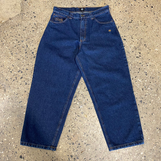 blue denim jeans with gold stitch