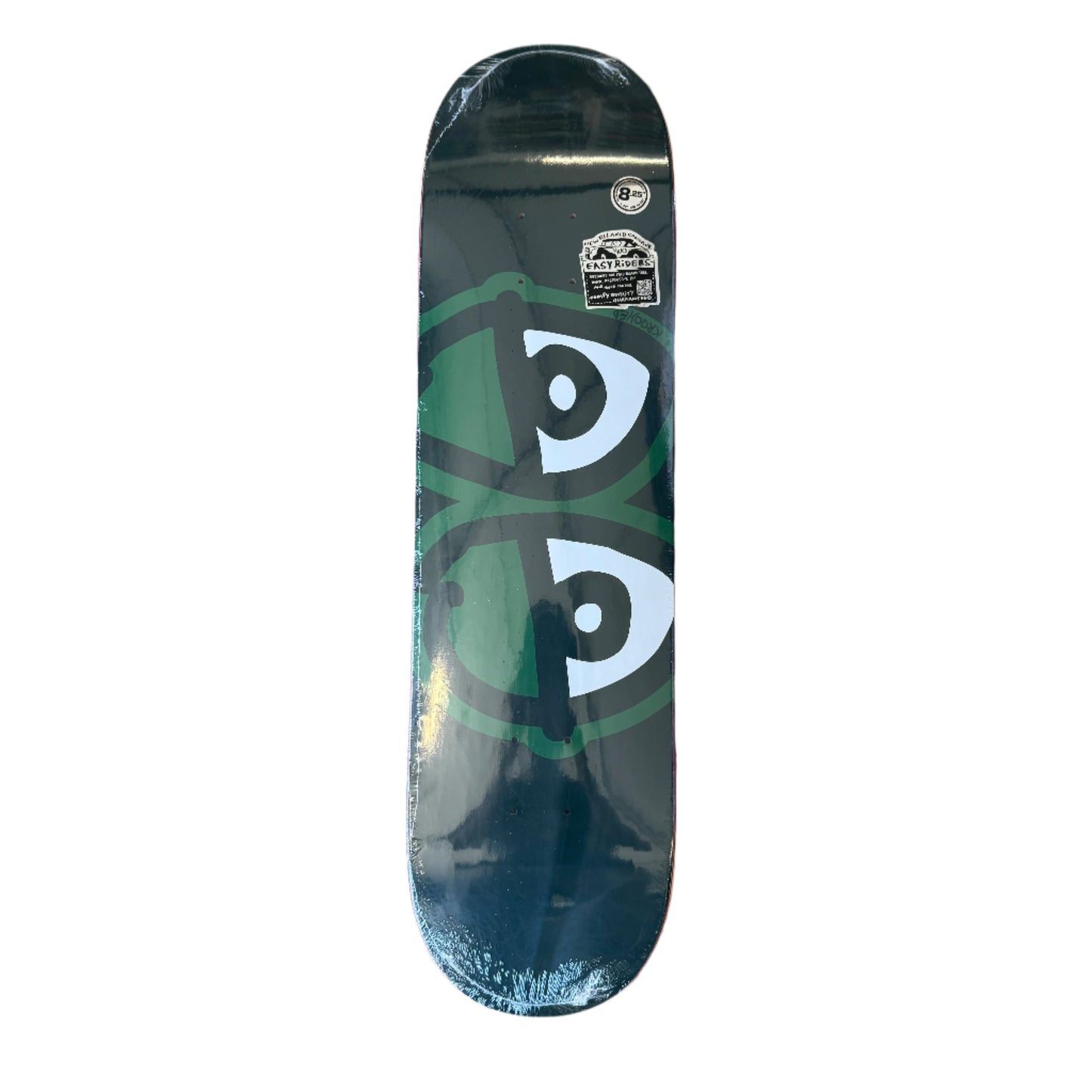 dark green skateboard deck with white eyes