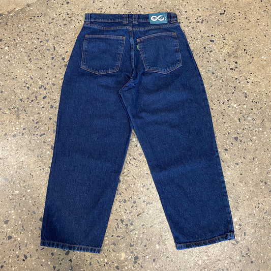back view of blue denim jeans with gold stitch, two pockets
