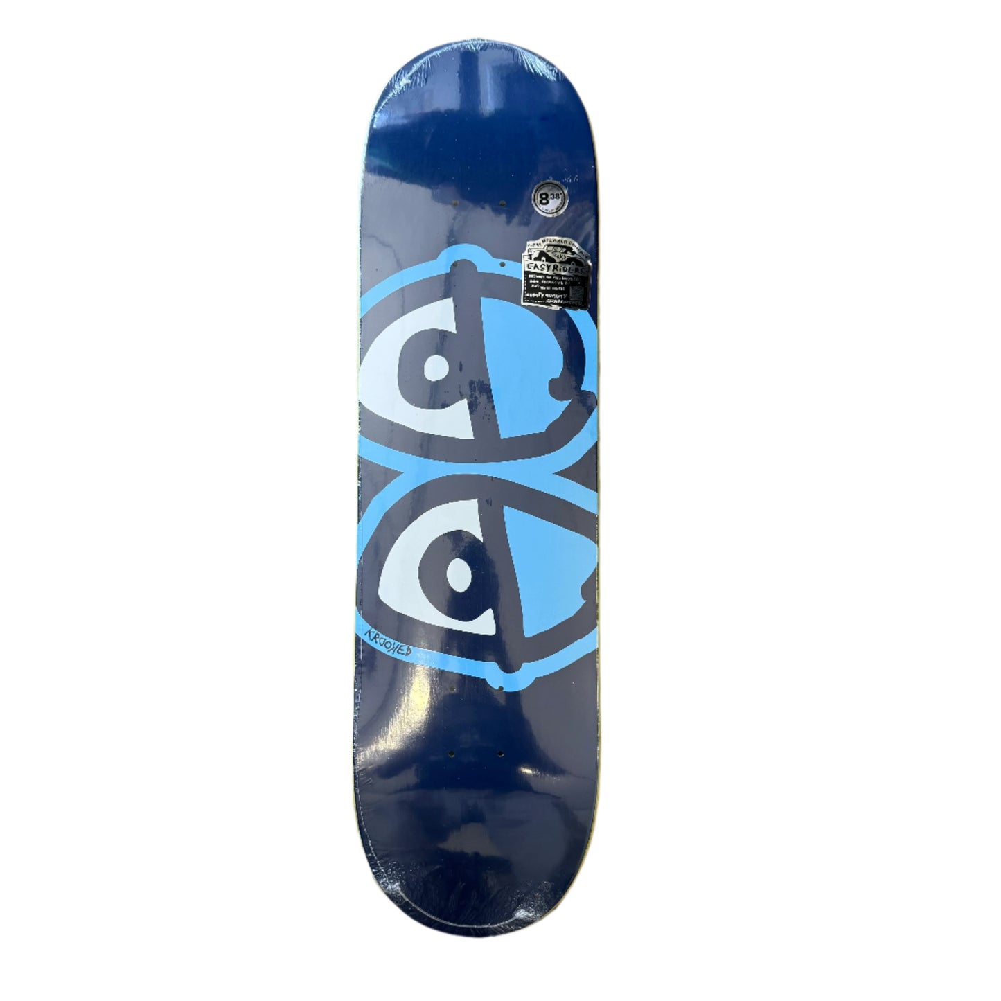 navy blue skateboard deck with big white eyes