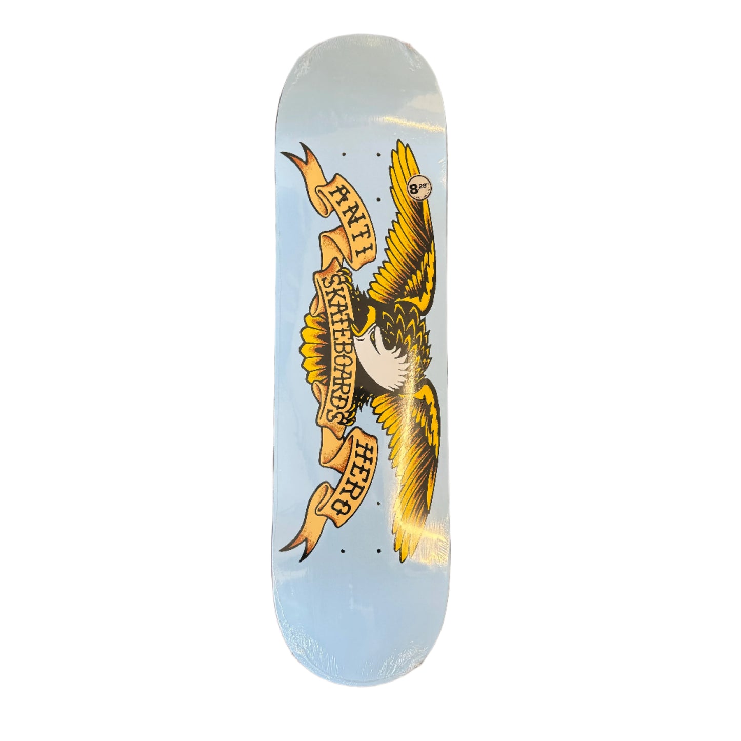 baby blue skateboard deck with an eagle