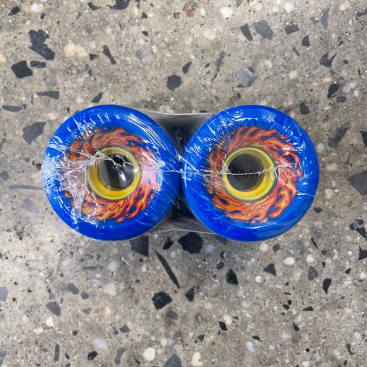 blue wheels with orange and yellow design, top view