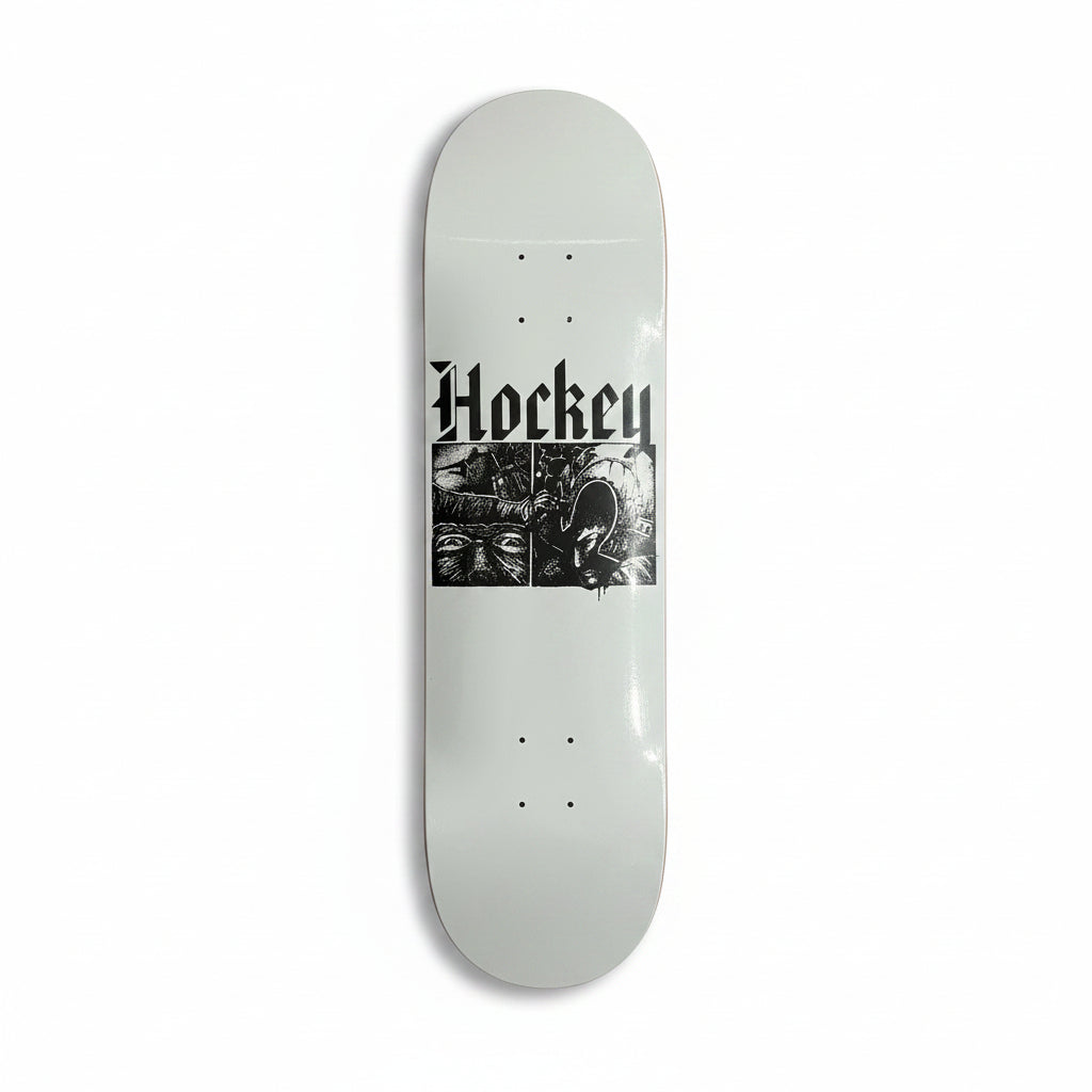 Skateboard deck with 'Hockey' logo on a white surface