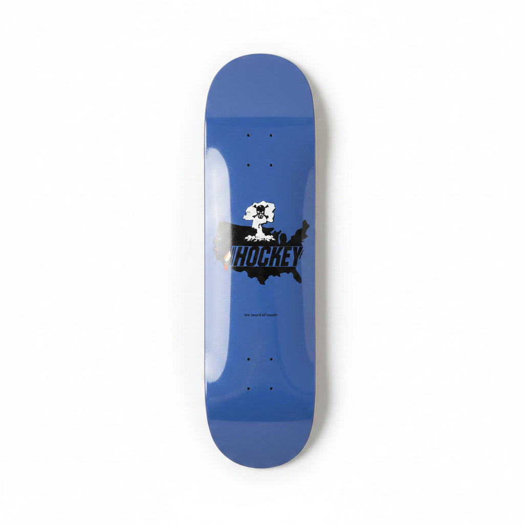Blue skateboard deck with a logo on a white surface