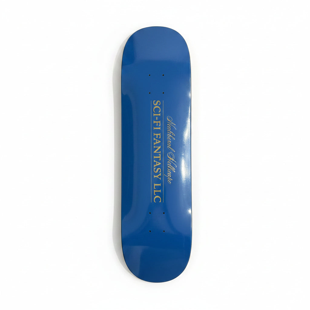 Blue skateboard deck with text on a white background