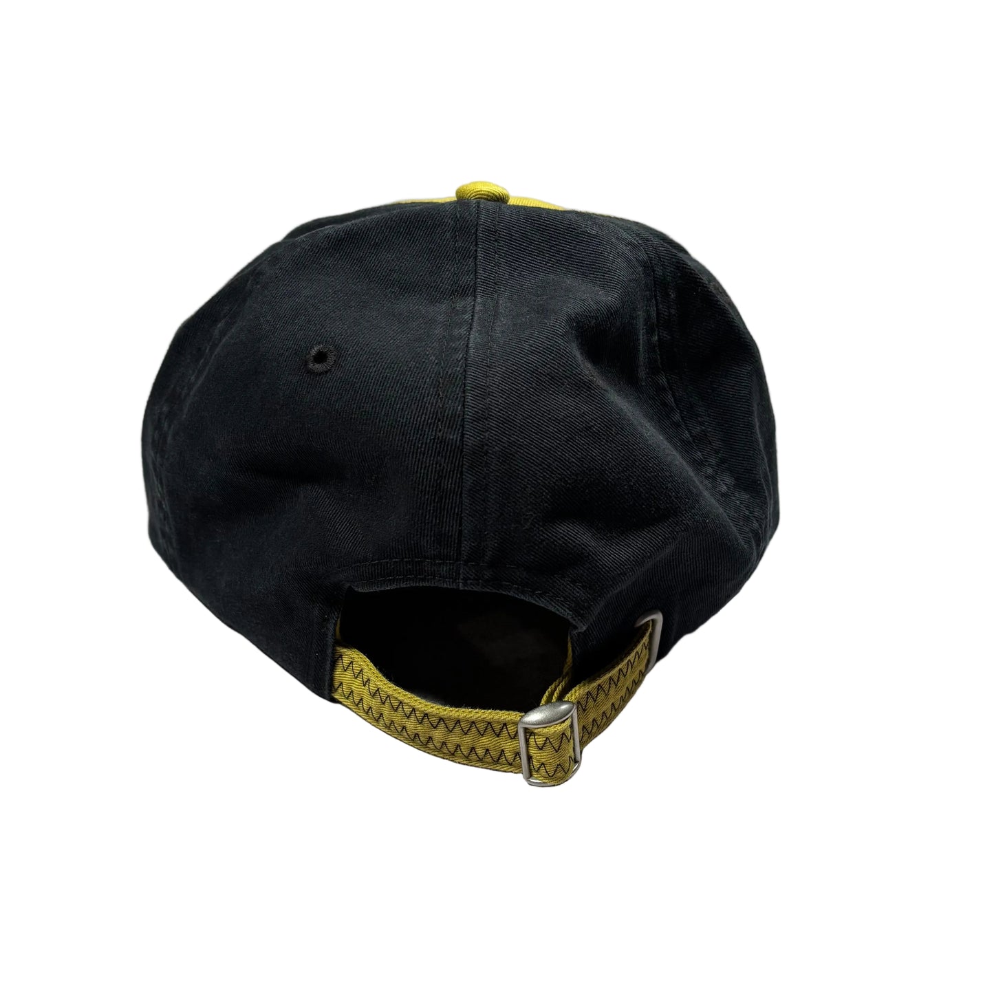 rear view of black and lime color strapback cap