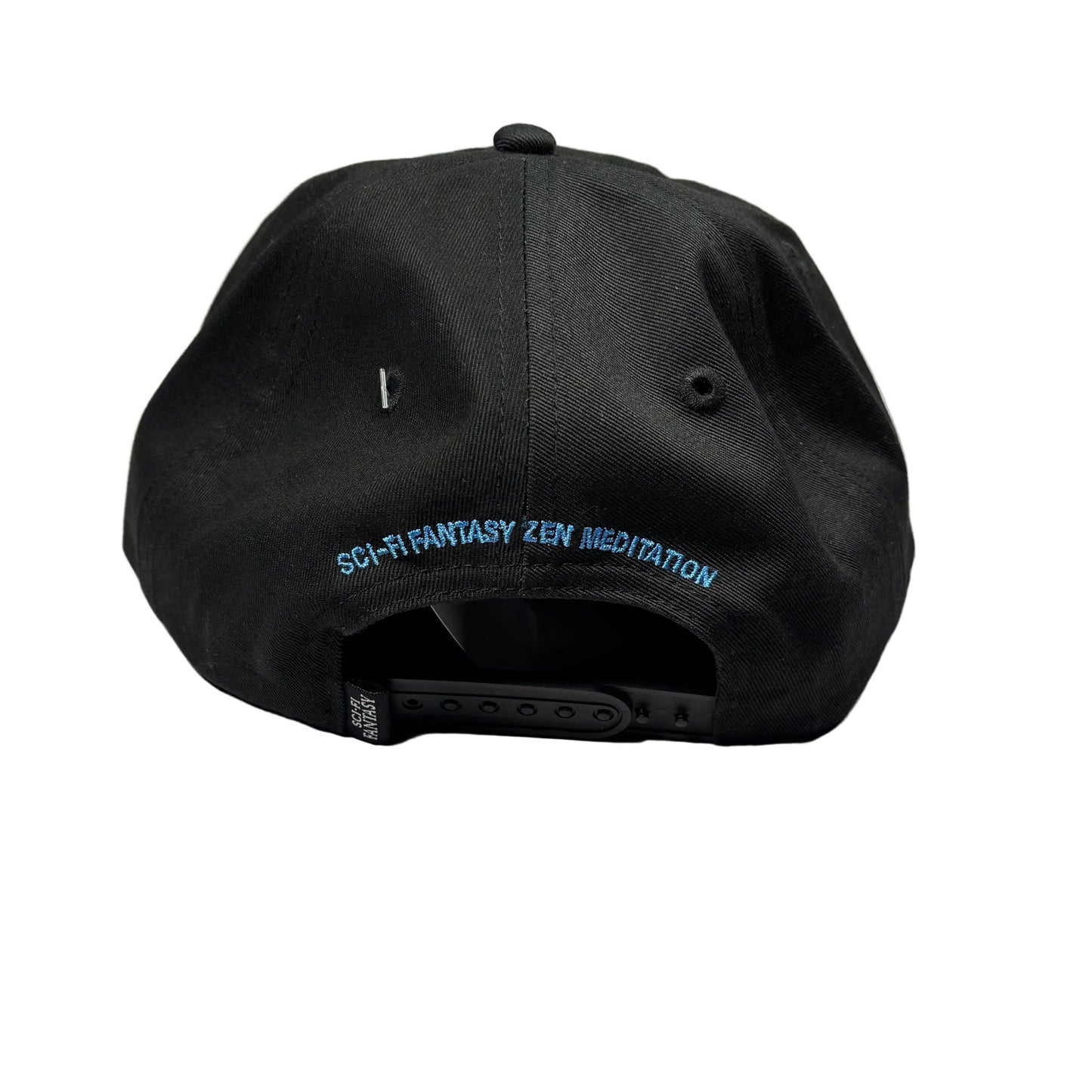 rear view of Black cap with text on the back on a white surface
