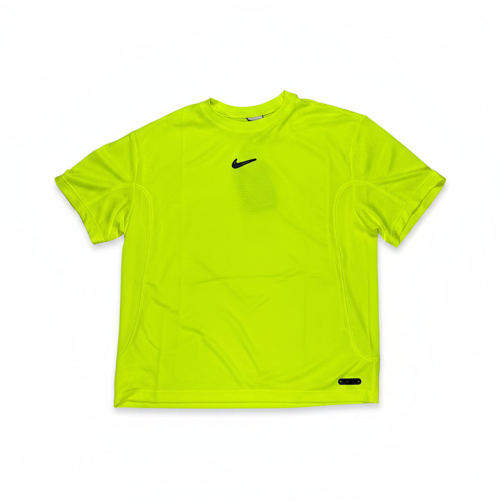 Bright yellow atheltic style jersey with a black nike logo on a white surface