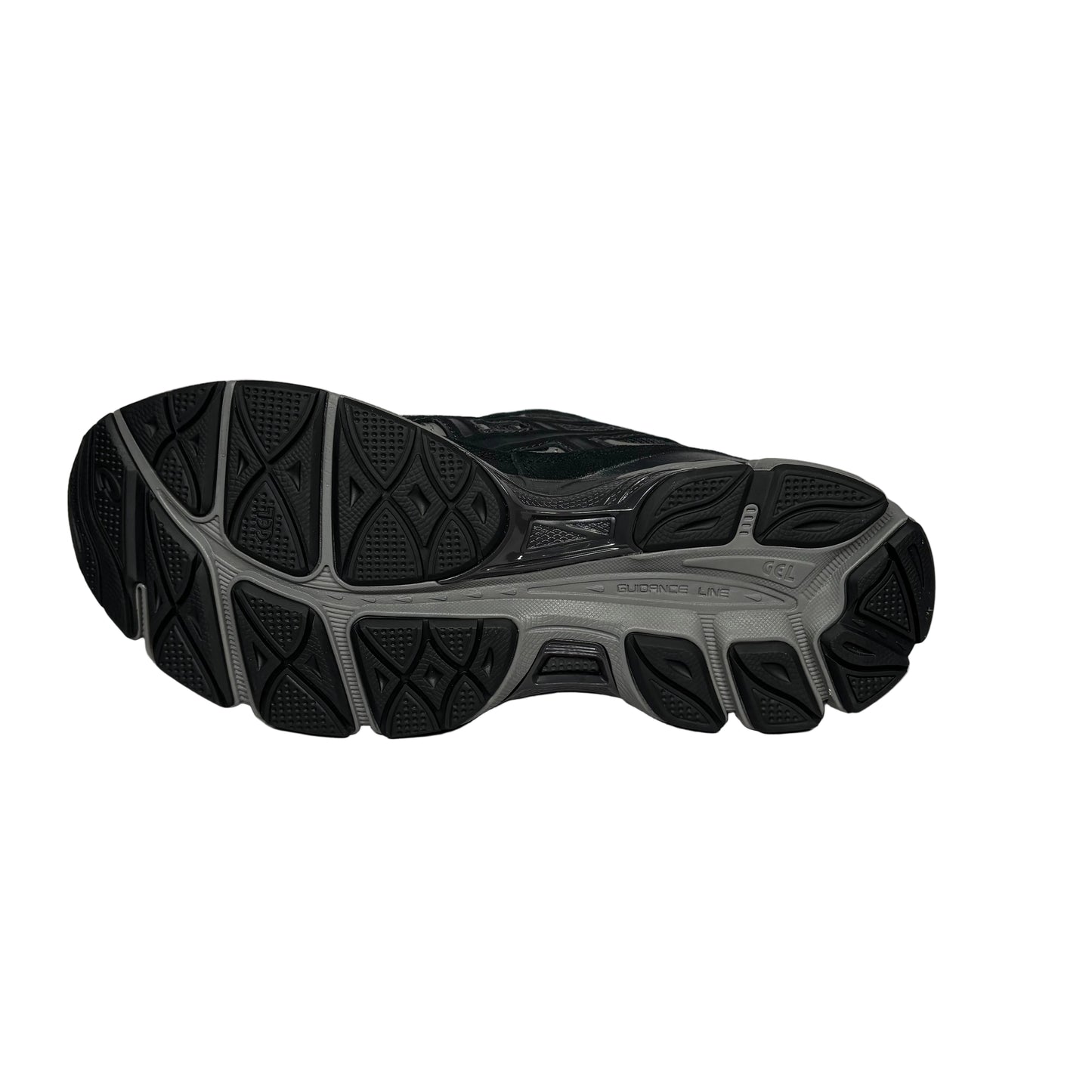 Black athletic shoe sole on a white background
