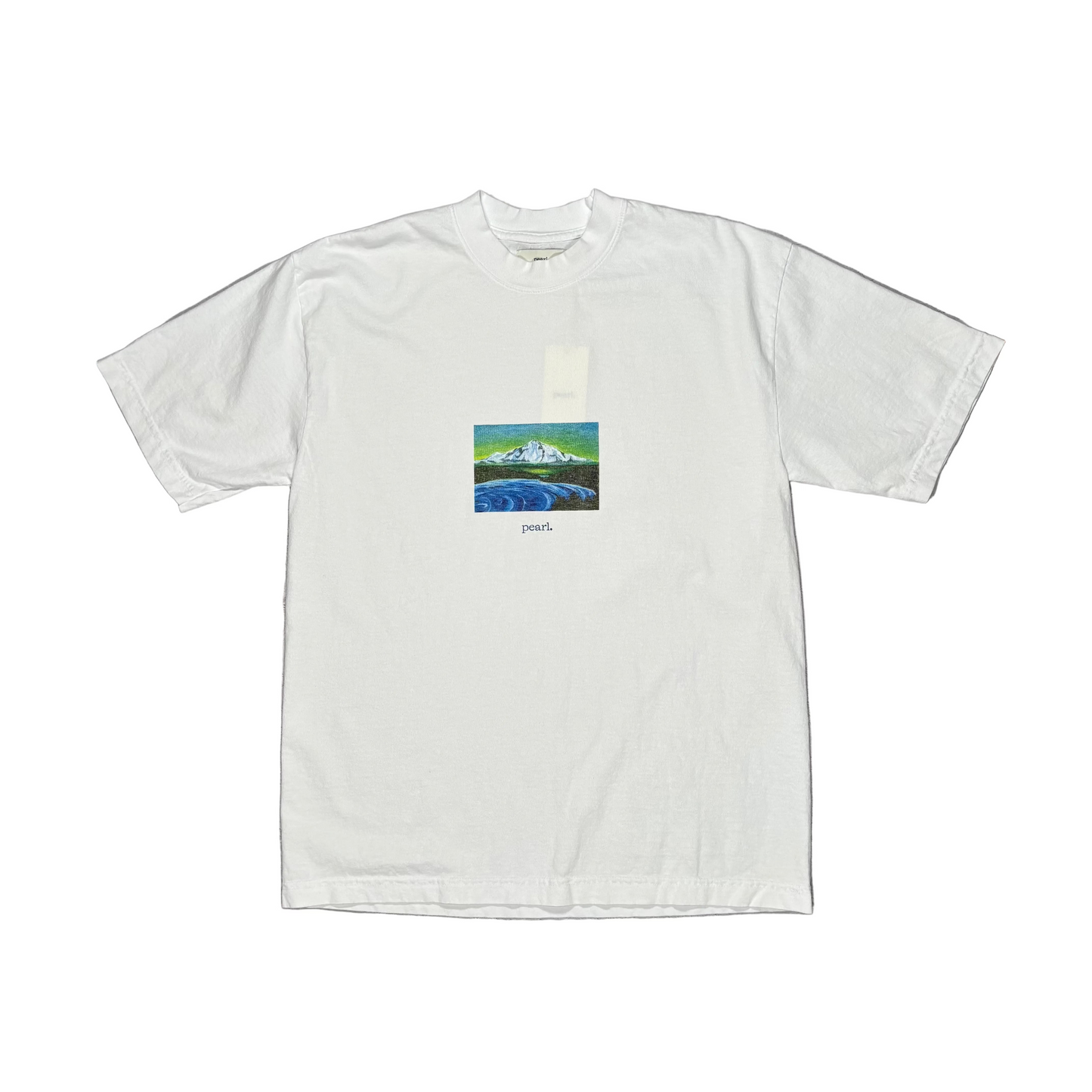 white t-shirt with hand painted style graphic of mountain in center chest, on white background