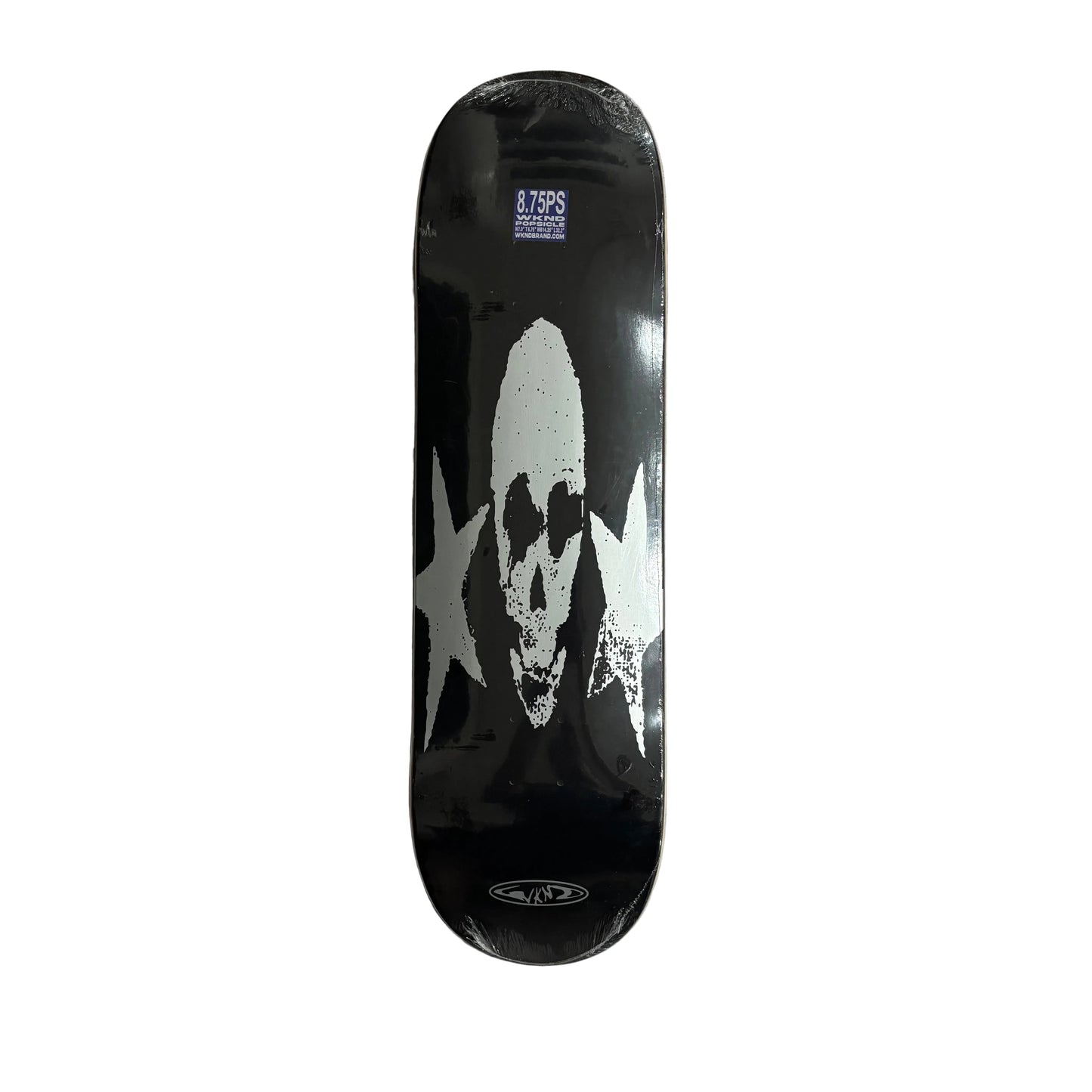 black and silver skull graphic on enter of skateboard deck