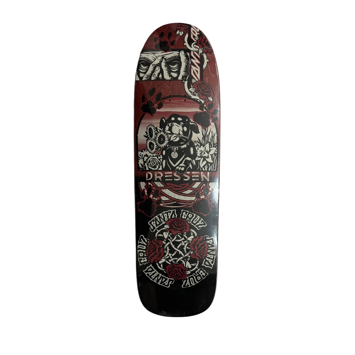 red, black white skateboard deck