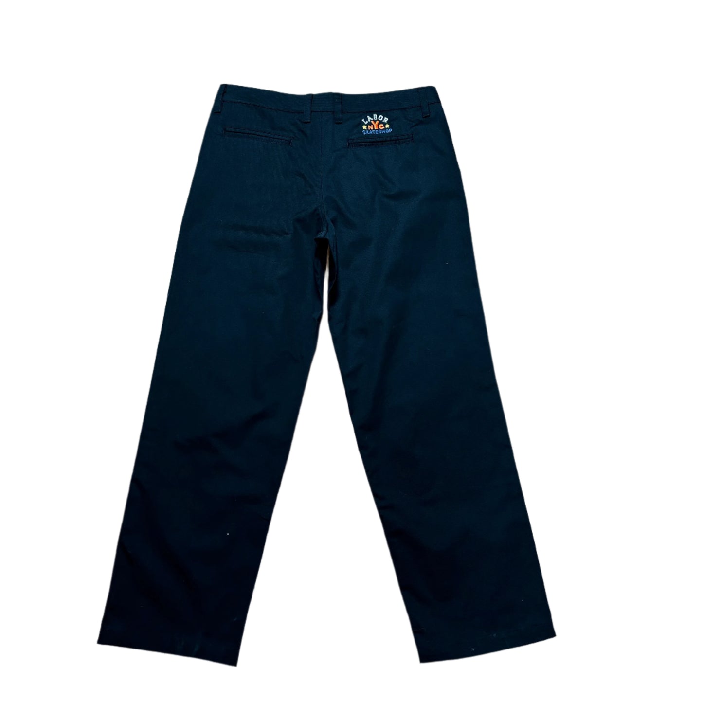 rear view of black chino pant with embroidery above right pocket