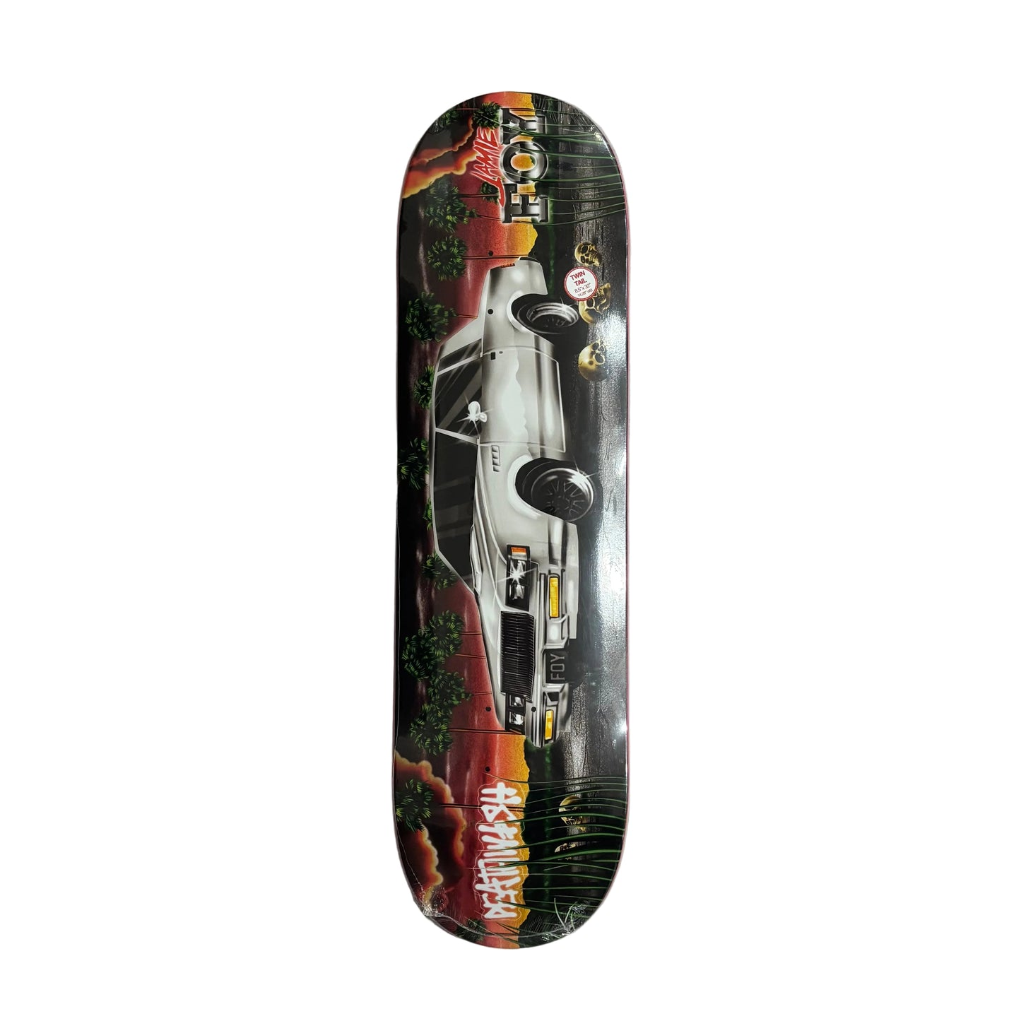 airbrush art style car on skateboard deck on white background